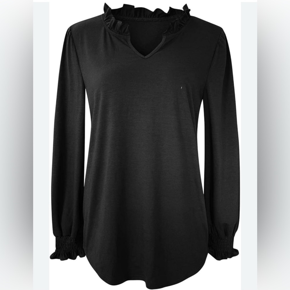 Women’s Large, Black, Ruffle V Neck, Shirred Cuff Blouse NWT